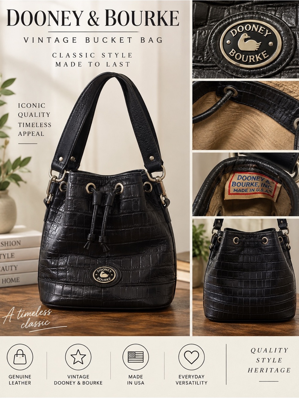 Dooney & Bourke Black Croc-Embossed Bucket Bag